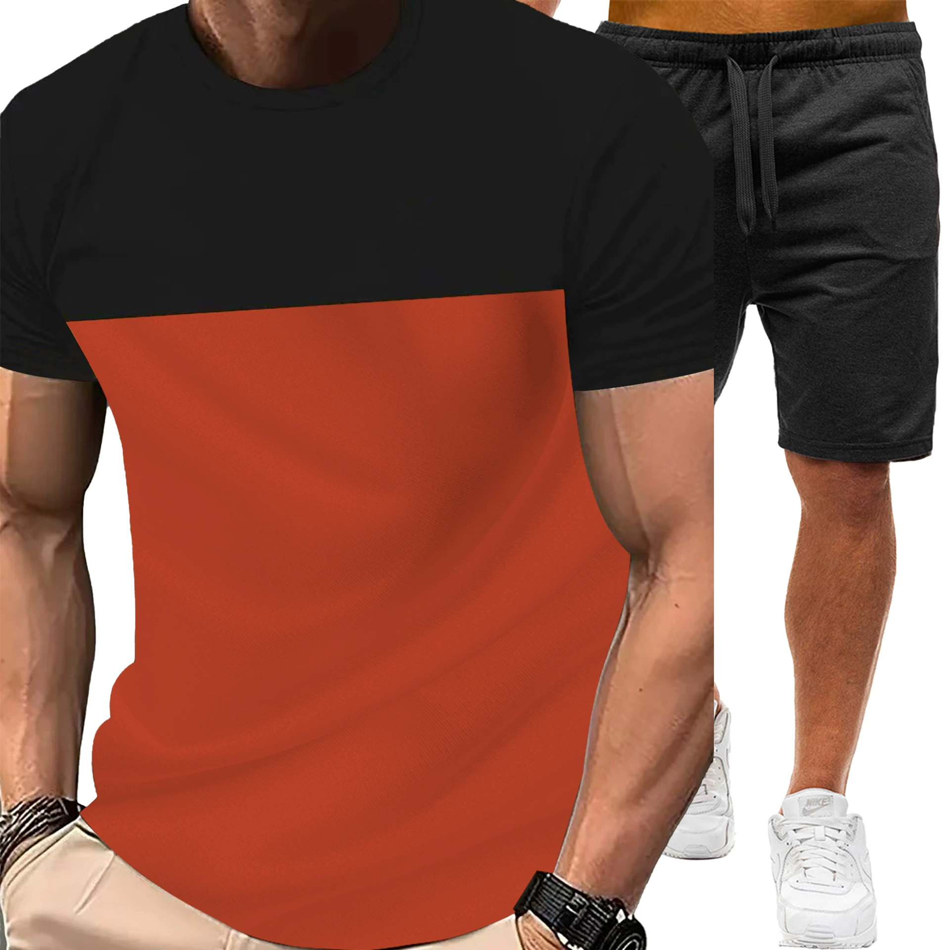 Спортивная повседневная футболка с коротким рукавом и круглым вырезом, летняя, 2025, новый цвет, мужской костюм с коротким рукавом