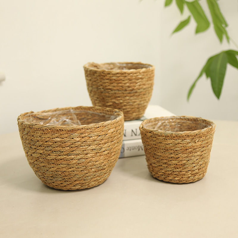 Transfronterizos de paja trenzada canasta de flores maceta trenzada canasta decoración sala de estar de caña trenzada canasta de almacenamiento de plantas verdes con maceta florista canasta de flores