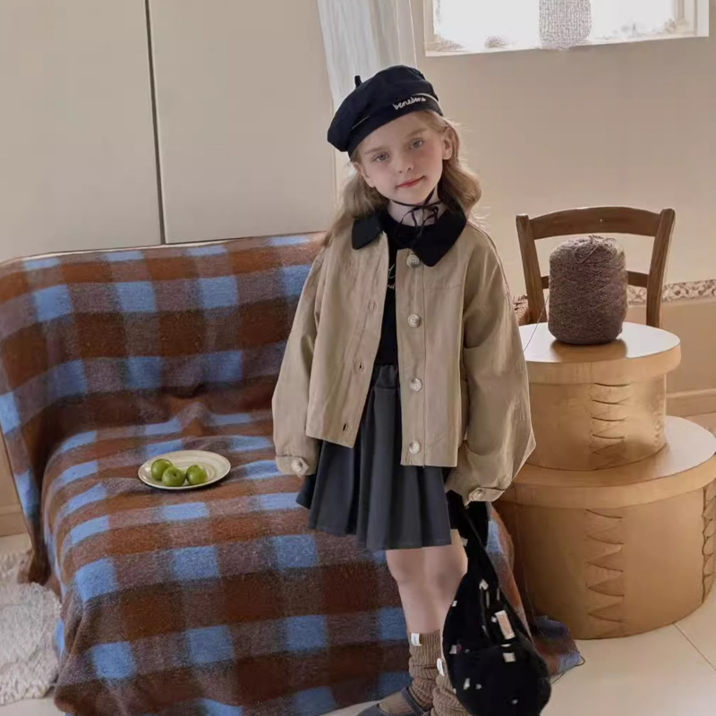 Girls' Jacket 2025 Spring New Korean Style Children's Khaki Cotton Jacket Baby Color-Blocking Turn-Down Collar Top Trendy