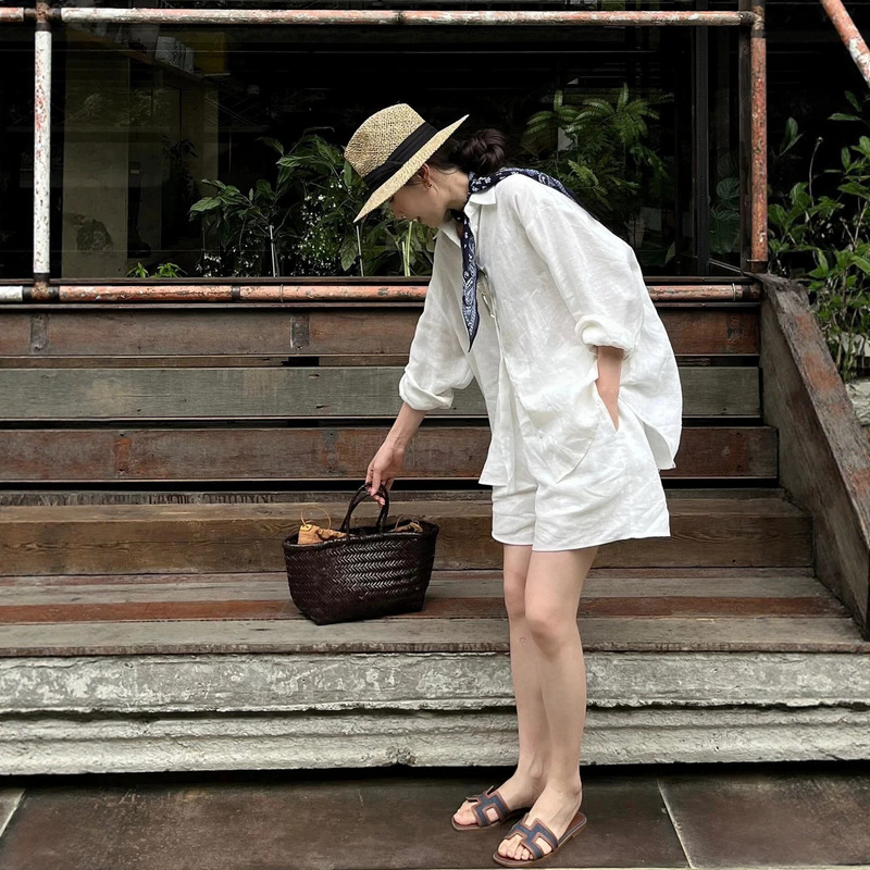 Old Money Style Linen Shirt Set for Women, Summer Casual Loose Simple High-End Cotton-Linen Shirt and Shorts Two-Piece Set