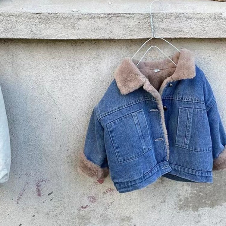 Boys and Girls Winter Coat Baby's Western Style Children's Distinctive Fashionable Korean Style Mao Mao Denim Laps Thickened Fashionable Jacket