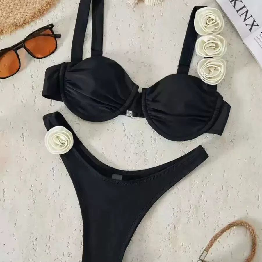 2025新款跨境bikini分体泳装ins 多色立体花欧美脖比基尼游泳衣女