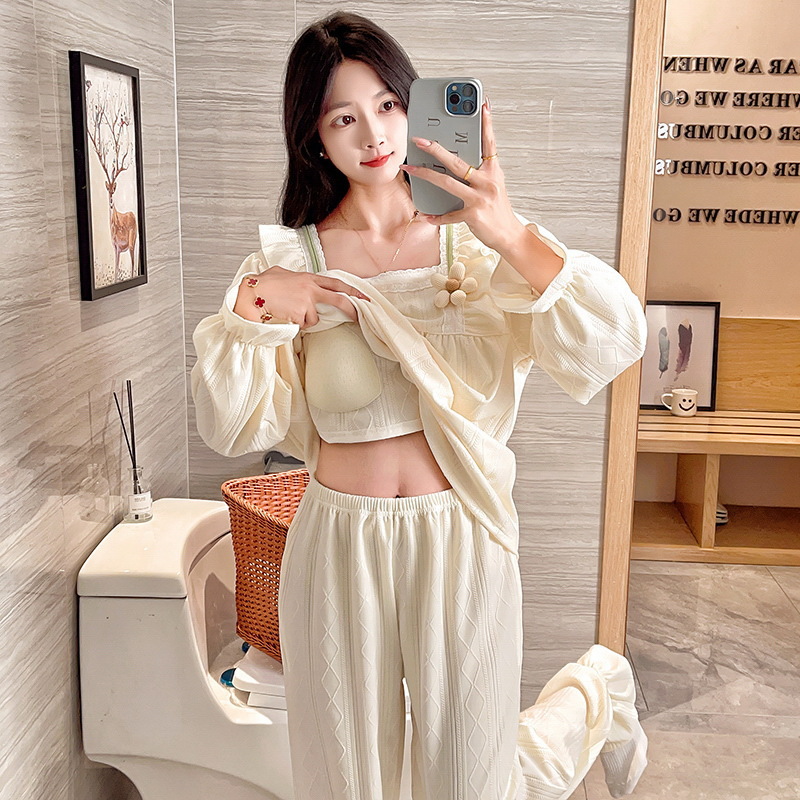 가슴 패드와 잠옷 여성의 봄과 가을 새로운 자카드 코튼 긴 소매 바지 귀여운 공주 스타일 여성 홈 의류 세트