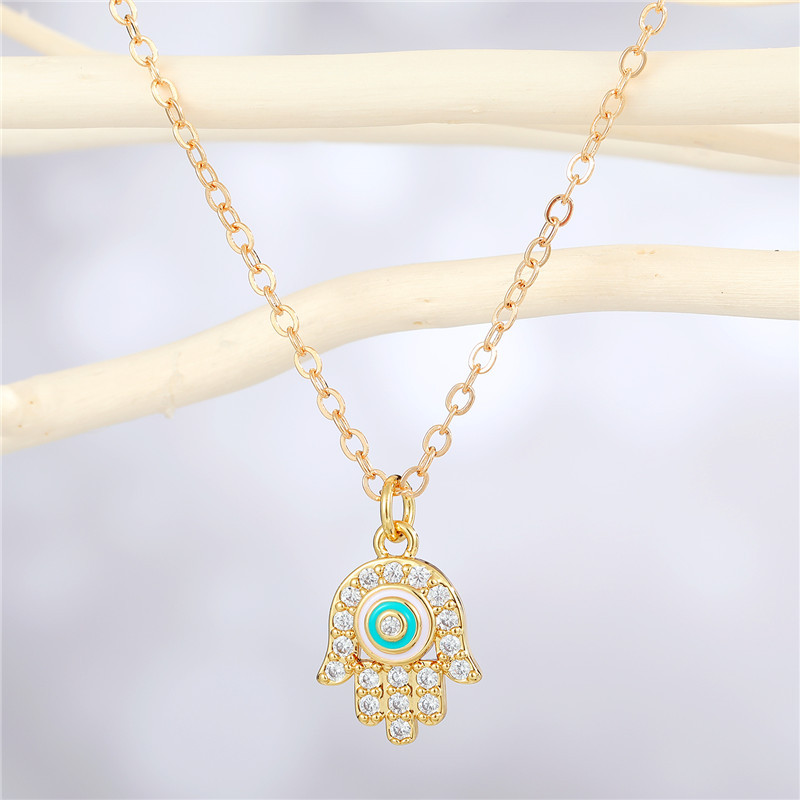Retro Fashion Rhinestone Devilu0027s Eye Pendant Necklace Personality Fatima Hand Hollow Eye Clavicl