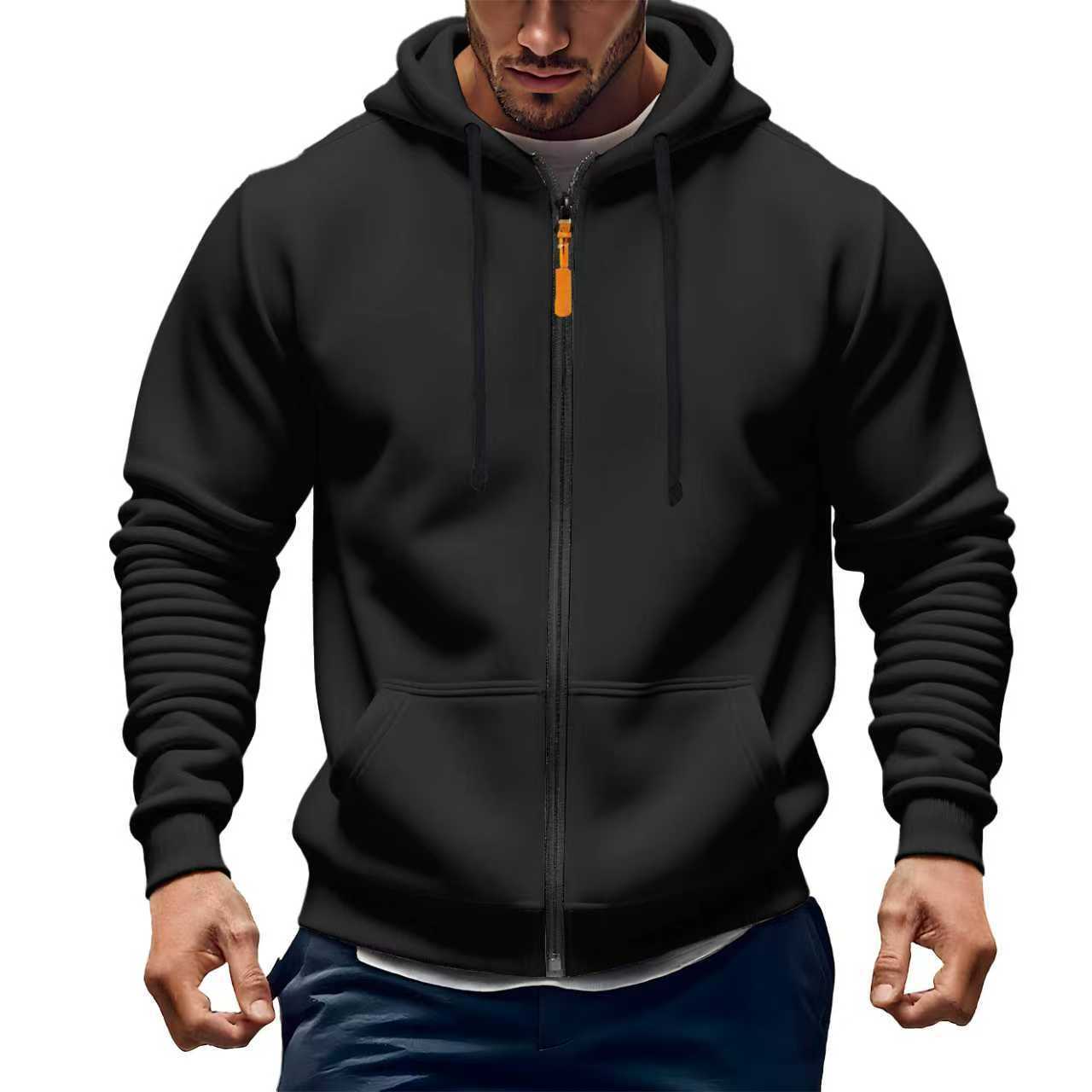 Men's Solid Colour Zip-up Fleece Hoodie Thickened Winter Jacket_voghion.com