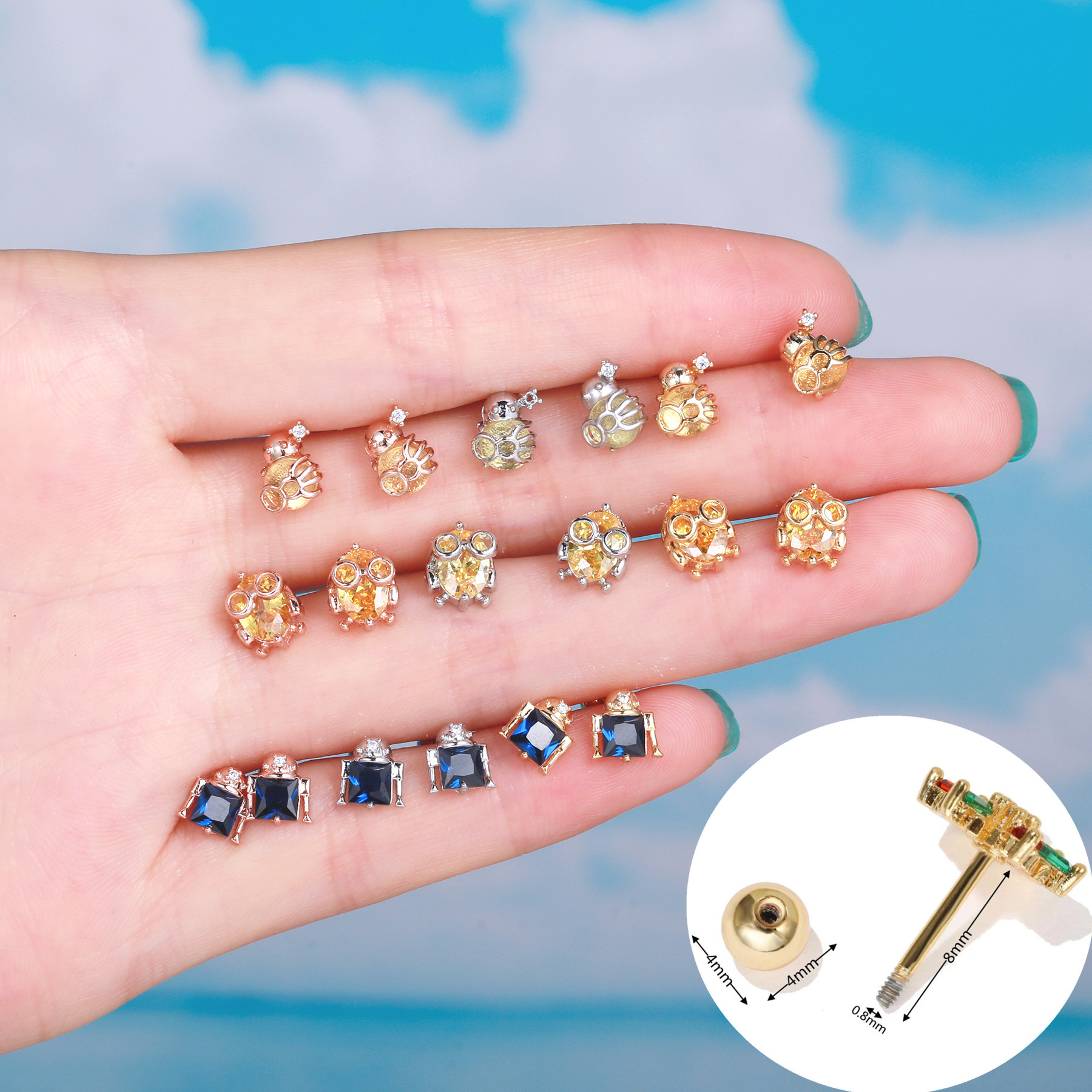 Creative copper cartoon robot screw puncture screw ball earring wholesale