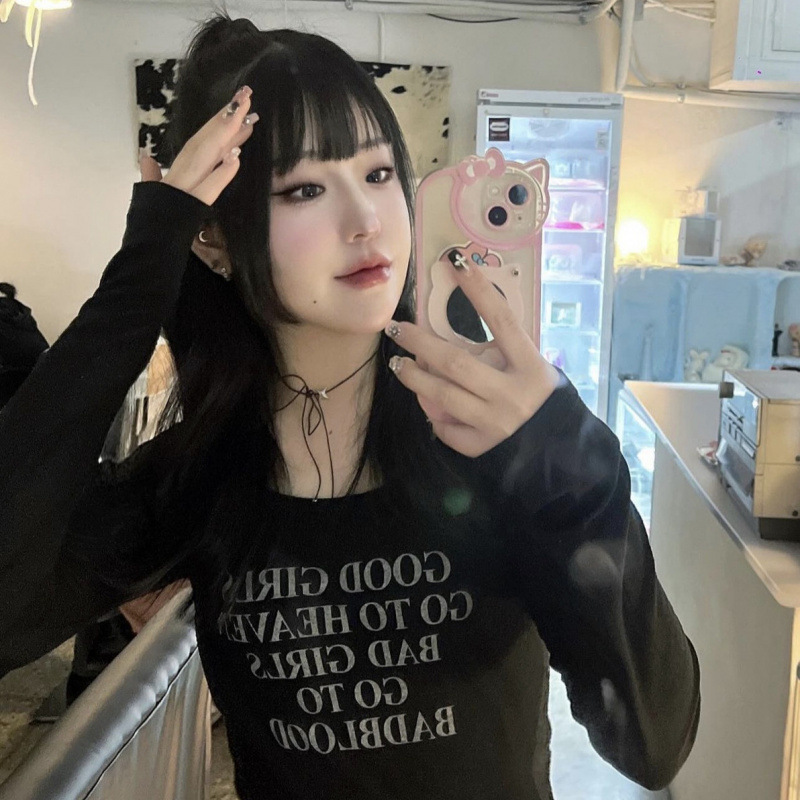 韓国バッドブラッドアメリカンレトロルーズ長袖Tシャツレディーストレンディホットガールニッチカジュアルレイジースタイルボトリングシャツ|undefined