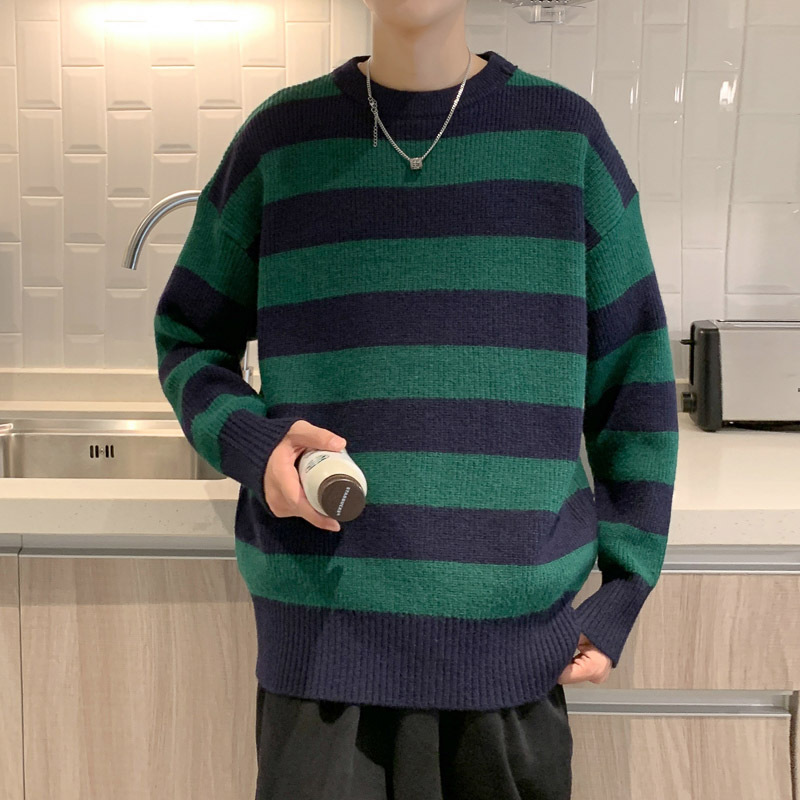 Foreign trade supply fashion wide stripe thick sweater men's winter New Youth Hong Kong style round neck sweater Foreign trade supply fashion wide stripe thick sweater men's winter New Youth Hong Kong style round neck sweater