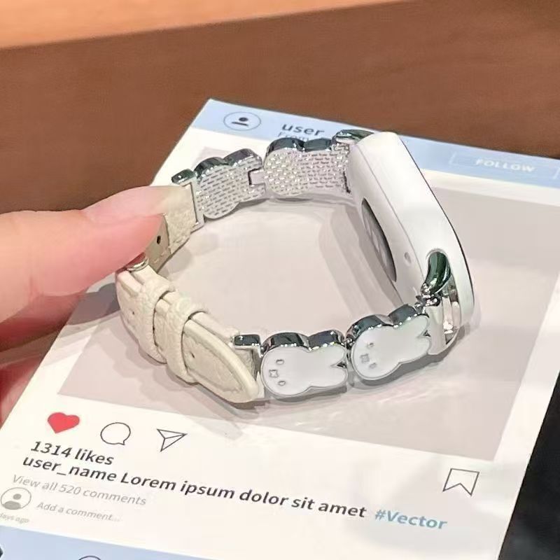 Cute Miffy Rabbit watch strap, compatible with Xiaomi Mi Band 10/9/8, metal and leather material, suitable for 8/9 Pro and NFC models Cute Miffy Rabbit watch strap, compatible with Xiaomi Mi Band 10/9/8, metal and leather material, suitable for 8/9 Pro and NFC models