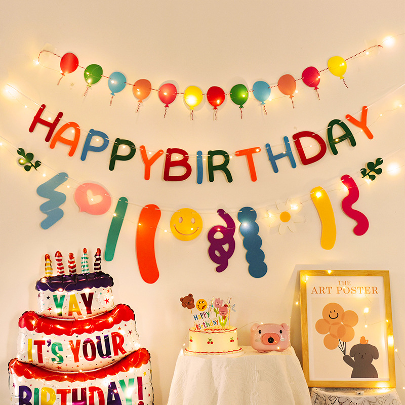 Colorful Happy Birthday Party Decorations Children's Banners Baby Photo Booth Flags Pom Poms And Flag Display For Celebrations_voghion.com