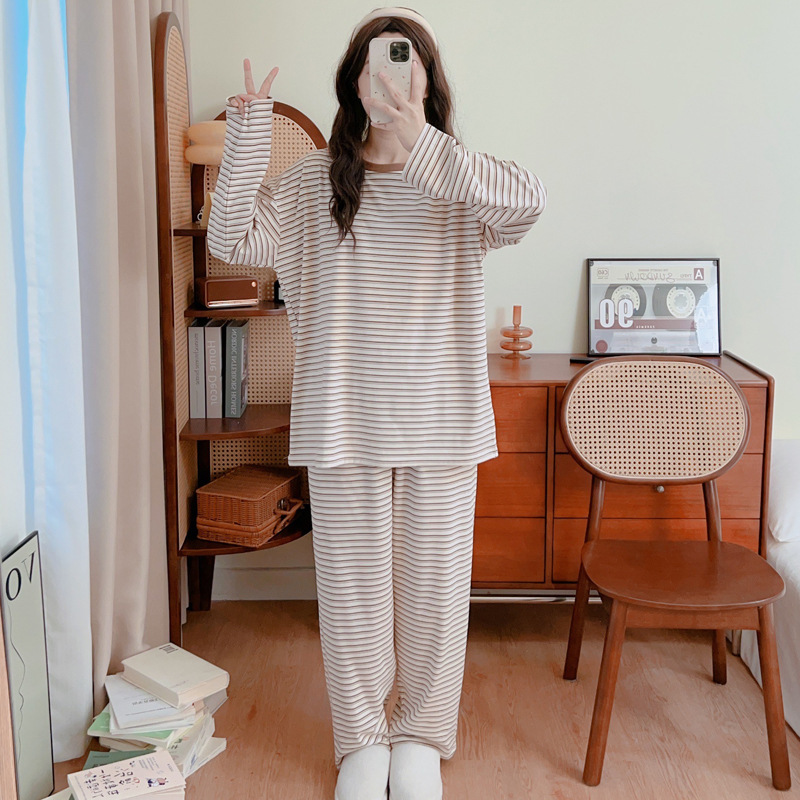 New Simple Striped Men's and Women's Pajamas for Autumn and Winter, Warm, Plus-Size, Loose 100kg Home Wear Set for Outdoor Wear