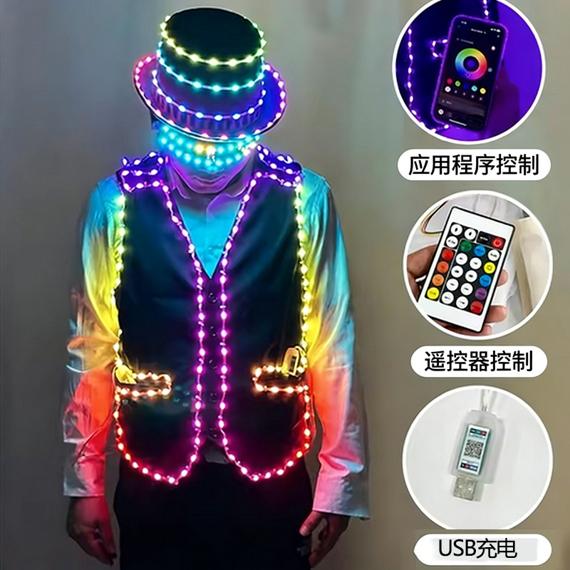 Bar chaleco LED luminoso pantalones de baile vestido de bebida espectáculo de baile ilusionario sombrero LED luminoso apoyos de fiesta de la noche