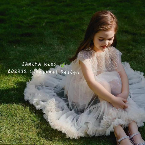 Girls' Summer Dress Children French Lace Beaded Pearl Sparkling Large Collar Birthday Tutu Dress Princess Dress