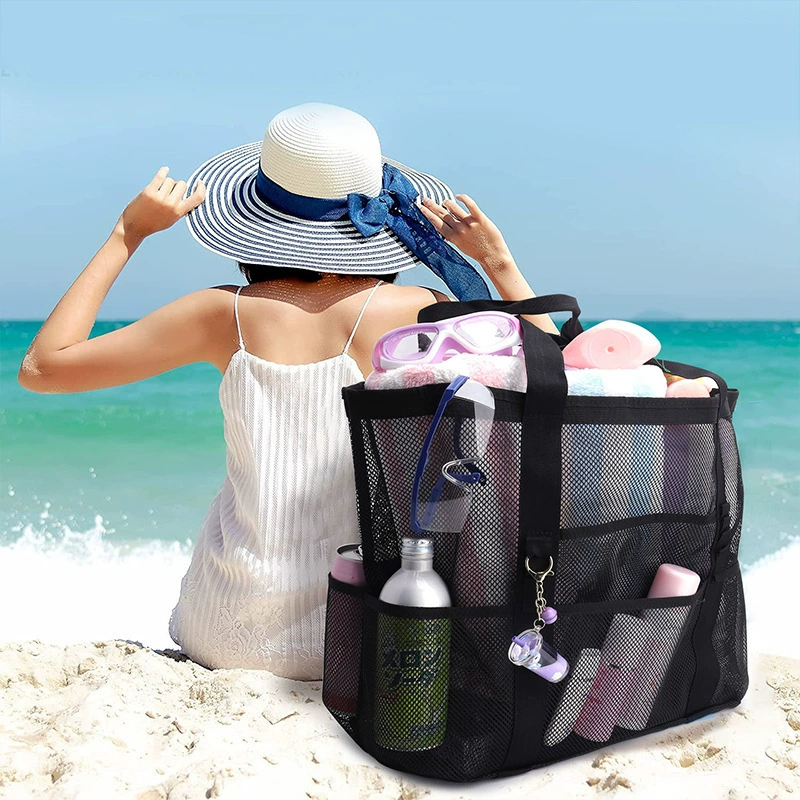 Beach Organizer Bag, capacious mesh tote, multi-pocket lightweight beach bag