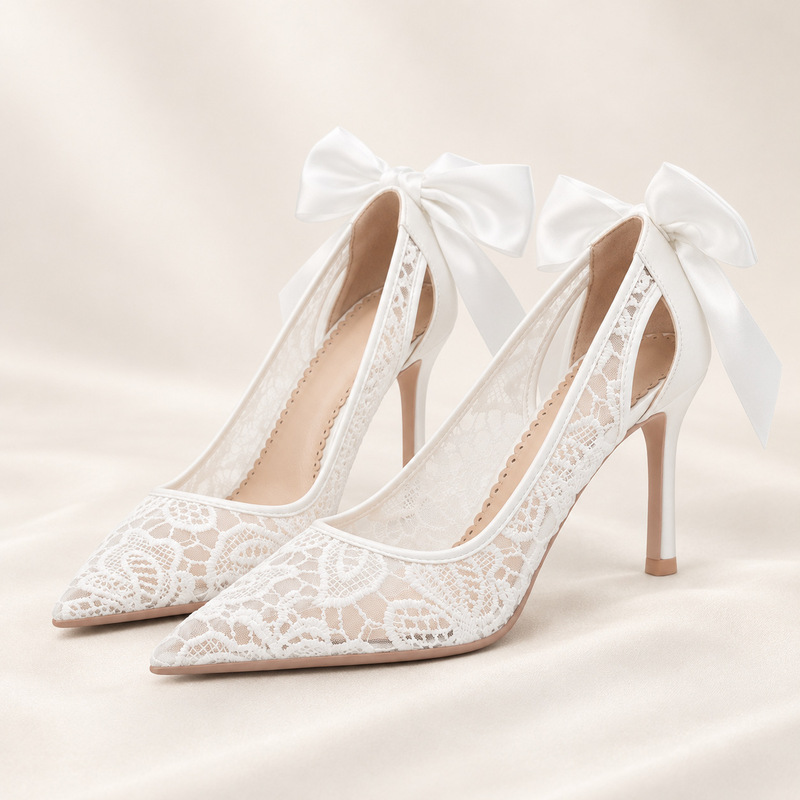 French-Style Lace Wedding Shoes for Women, White Pointed-Toe Stiletto High Heels with Bowknot, Open-Back Design for Wedding Dresses, Bride, and Bridesmaids French-Style Lace Wedding Shoes for Women, White Pointed-Toe Stiletto High Heels with Bowknot, Open-Back Design for Wedding Dresses, Bride, and Bridesmaids
