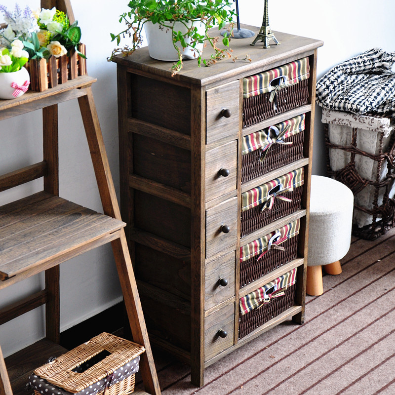 American-style pastoral solid wood nightstand woven storage cabinet with drawers, retro narrow bedroom five-drawer cabinet small storage cabinet