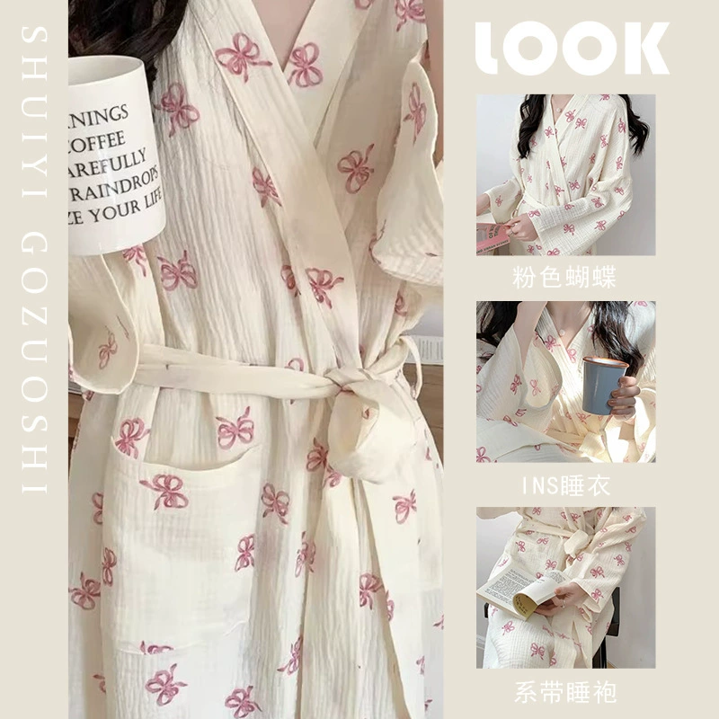Новые весенние и осенние пижамы для женщин, простая и удобная ночная рубашка в корейском стиле с бантом, повседневная свободная домашняя одежда, летняя ночная рубашка