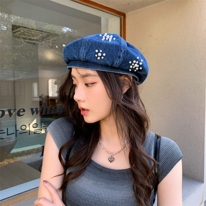 Boina de vaquero coreana para mujeres nuevas cara pequeña gorra pintora primavera y otoño red red inns moda perla decoración brilla