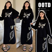 孕妇装2025秋冬新款韩版时尚蝴蝶加厚毛衣+半身裙 孕妇套装