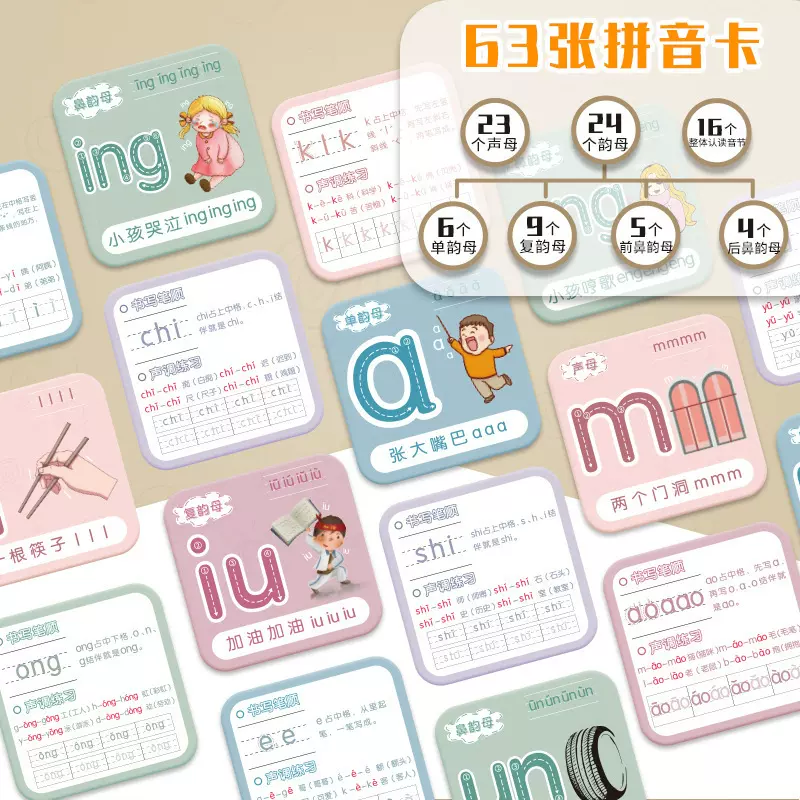 儿童拼音卡四声调一年级幼儿园学前汉语发音拼读训练拼音学习卡片
