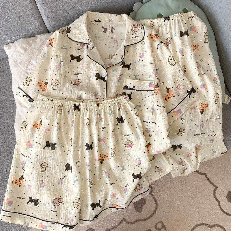 Pijamas de amor dulce de color, pantalones de manga corta de hilo de algodón de nube de verano para mujer, cárdigan de tres piezas, servicio a domicilio