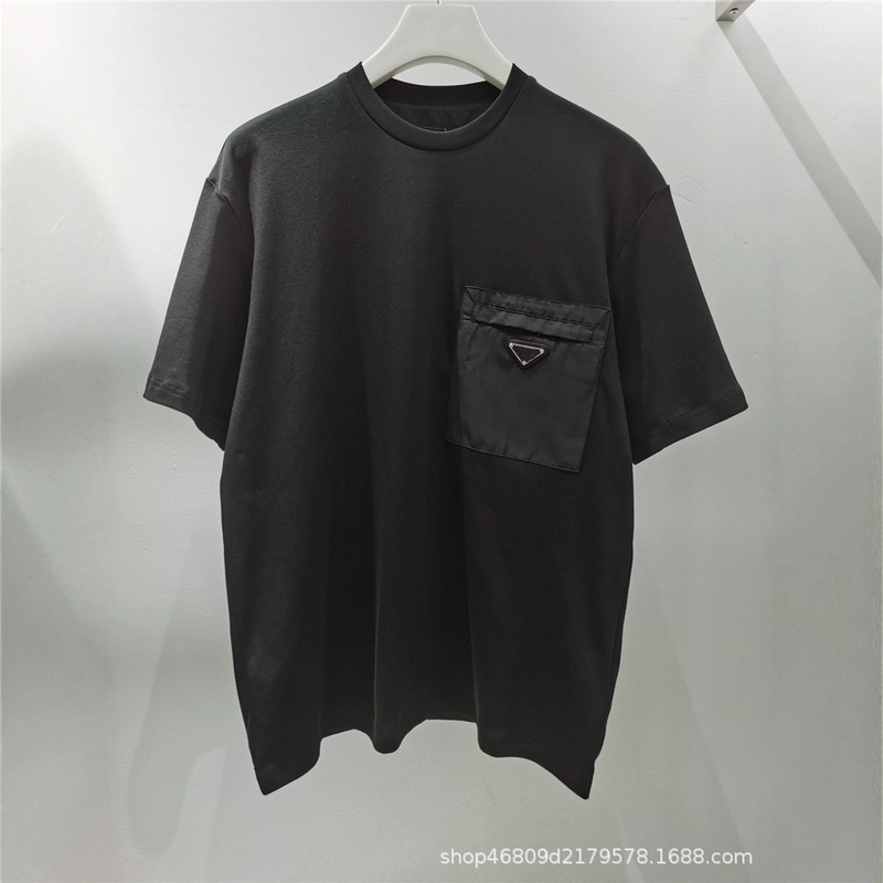Summer New Metal Triangle Logo P Brand Printed Short-Sleeve Round Neck T-Shirt Men's Loose Pocket T-Shirt