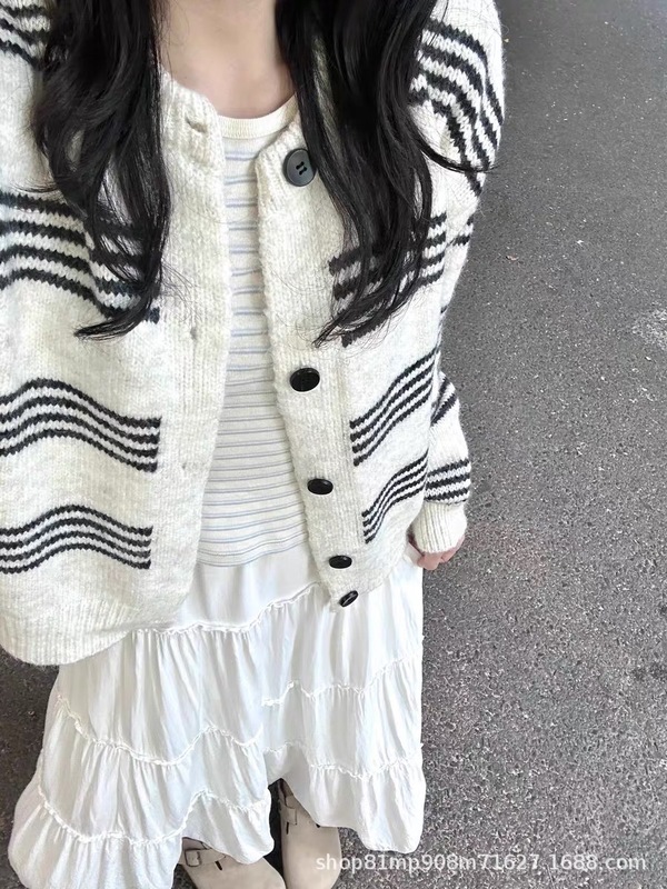 跨境条纹长袖开衫毛衣女春秋2025新款秋冬慵懒风宽松针织外套上衣|undefined