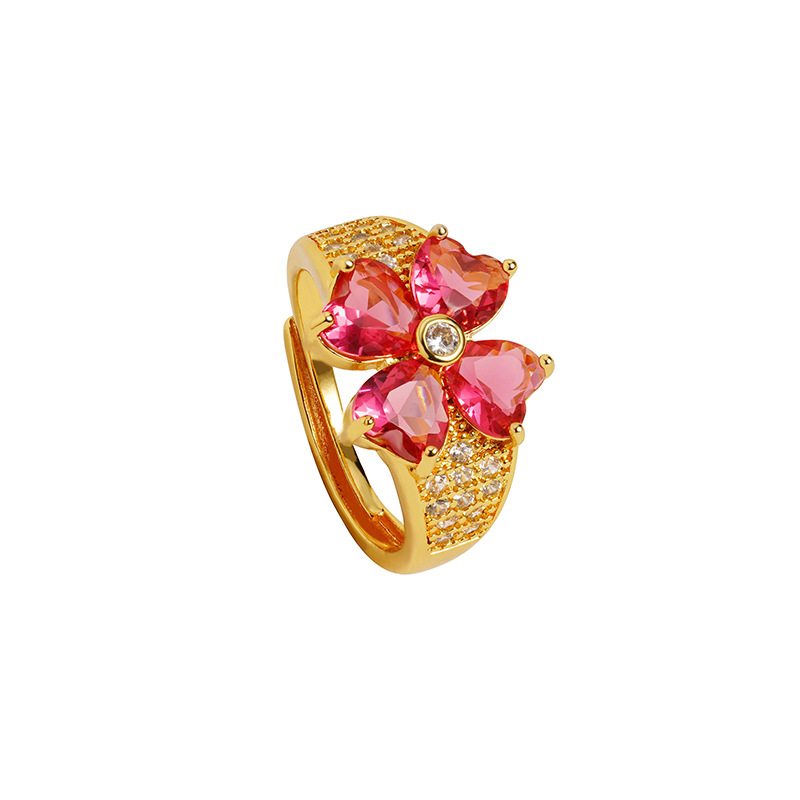 Anillo de oro de arena vietnamita antiguo, anillo de flores de cuatro hojas de amor, joyas de mano de lujo ligero y lujoso.