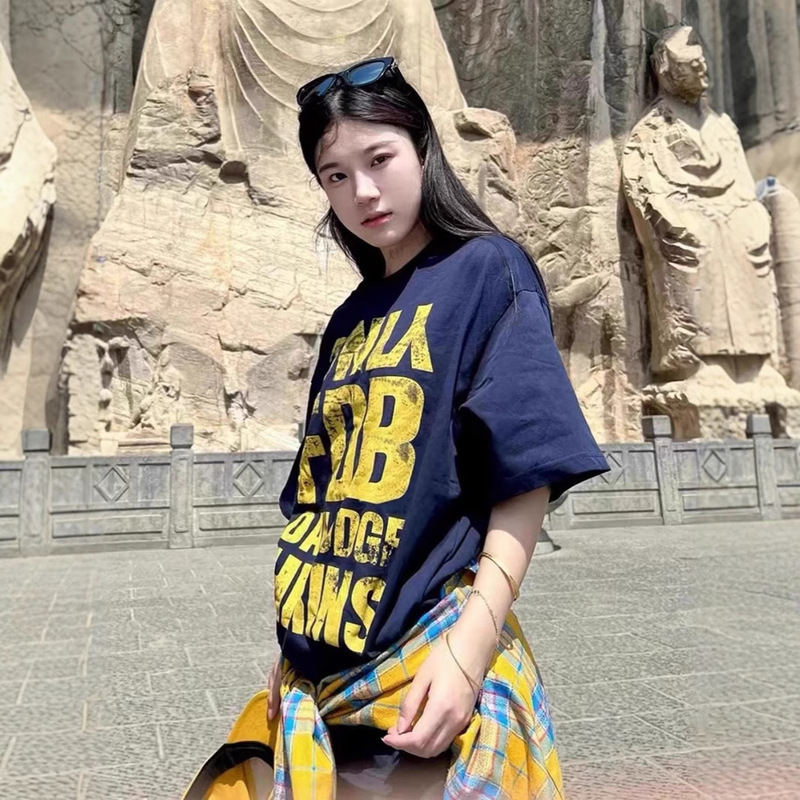 American Style Retro Pure Cotton Short-sleeved T-shirt Women's Summer Letter Printed Round Neck Loose plus size chubby girl Couple's Fashionable Top