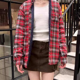 BM风新款美式复古磨毛夹棉衬衫女bm纯欲格子外套宽松夹克加厚上衣