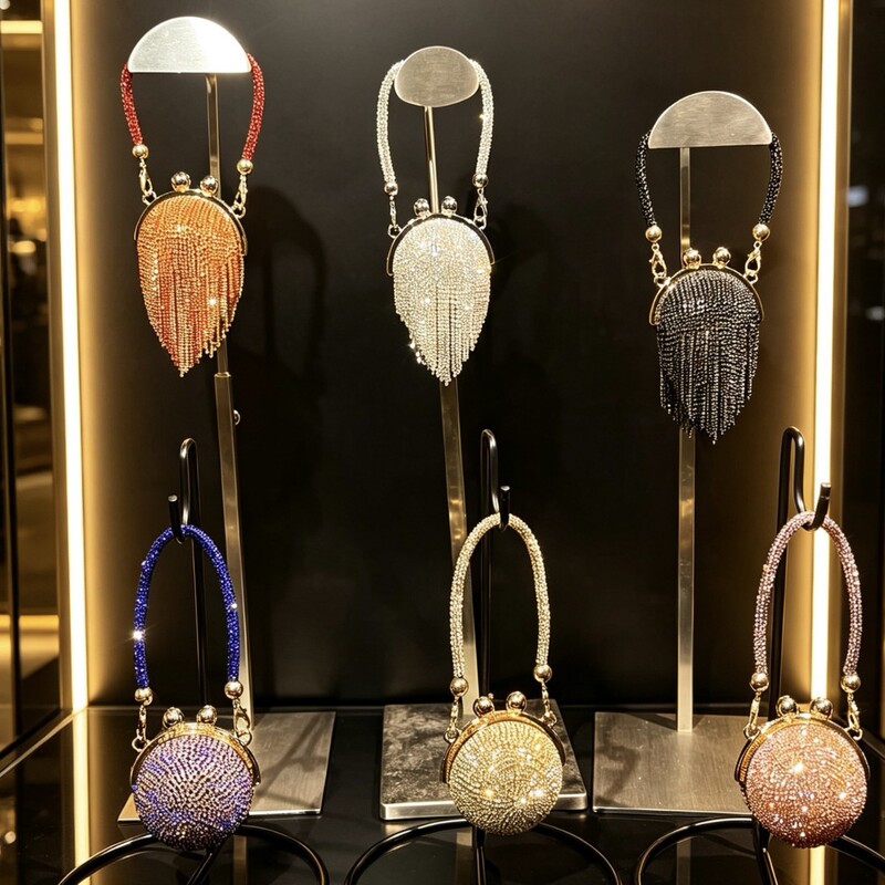 New Cross-Border Foreign Trade Mini Crystal Ball Lipstick Bag for Women, Diamond-Encrusted Crossbody Tassel Bag, 2026 Korean Niche Round Bag