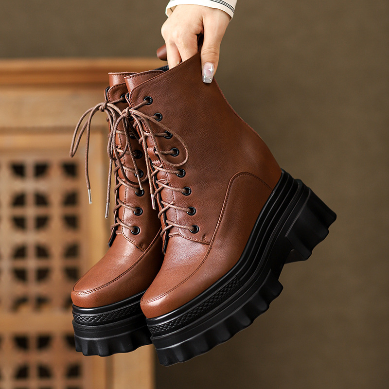 Boot nữ đế tăng chiều cao 10cm dây buộc mùa thu đông — Lớp lót nhung đen, Lớp lót đơn màu nâu sẫm, Lớp lót đơn màu đen, Lớp lót nhung màu nâu sẫm