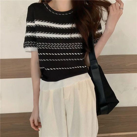 Hong Kong Style Retro chic Striped Shoulder Short-sleeved T-shirt Women's Summer Thin Retro Slimming Ice Silk Sweater Top