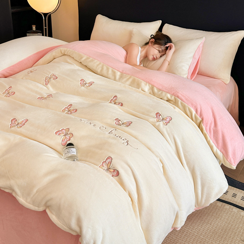 Winter Matte Grade Smooth and Delicate Milk Velvet Four-Piece Set Embroidered Warm Velvet Baby Velvet Bed Bed Sheets Quilt Cover Supplies