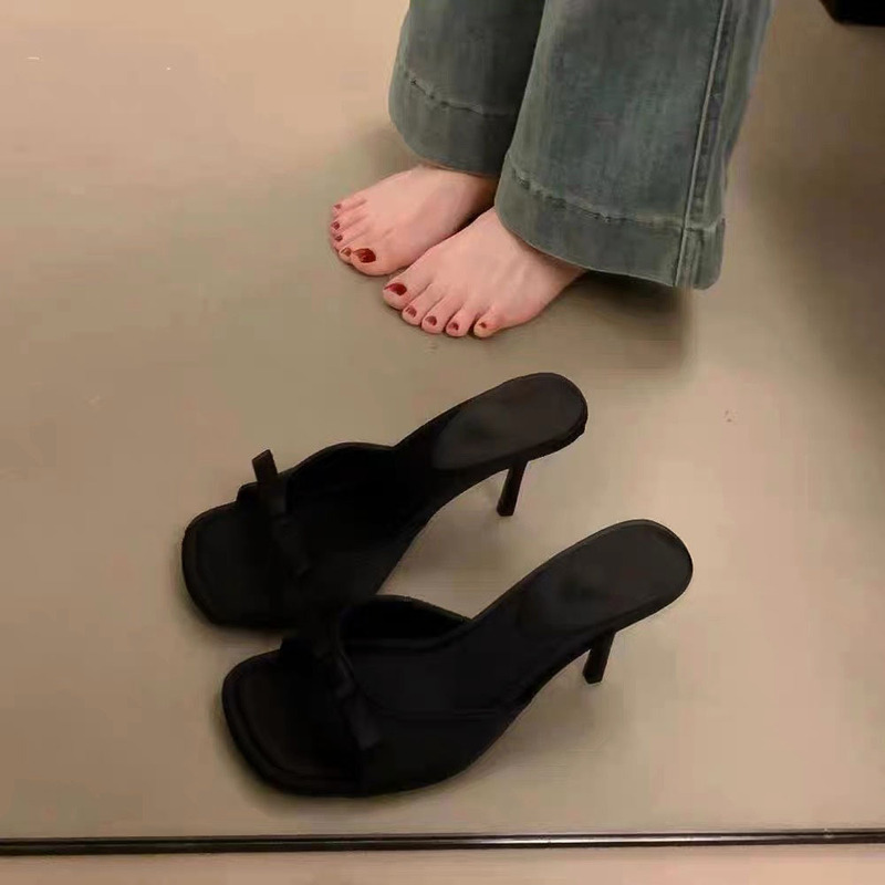 Black High Heel Slippers Bow Sandals Women's 2025 New Summer Open Toe Increased Muller Shoes Half Slippers