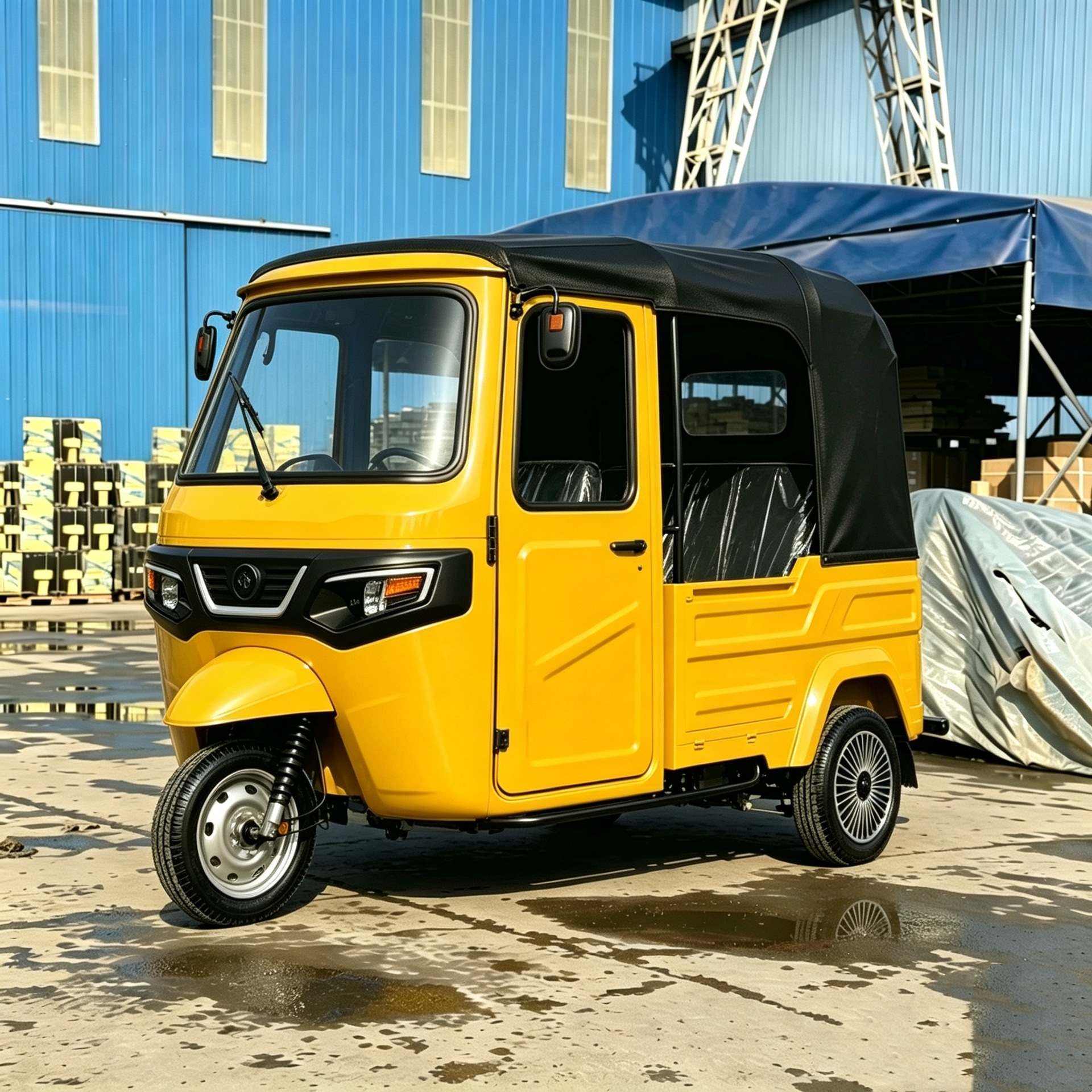 Yellow fully enclosed passenger tricycle for cross-border transportation in Southeast Asia and Africa, foreign trade export for passenger transport