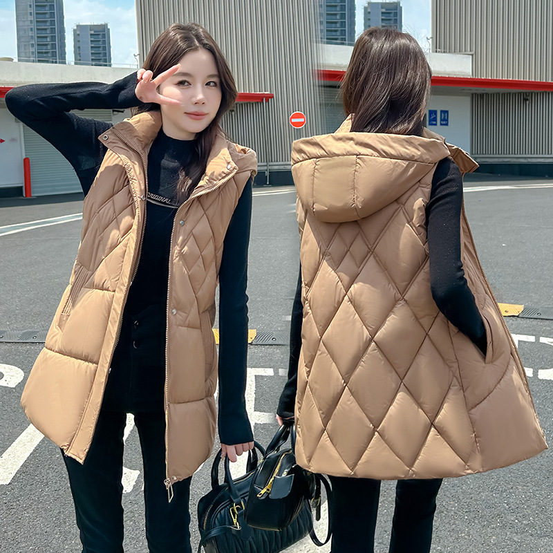 2025新款羽绒棉马甲女中长款中年妈妈秋冬背心连帽坎肩马夹外套