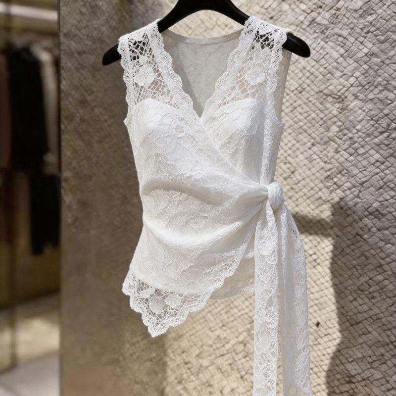 2026 Summer New French Style White Lace Tank Top for Women, Slim-Fit, Unique Design, Tie-Up, Elegant Shirt
