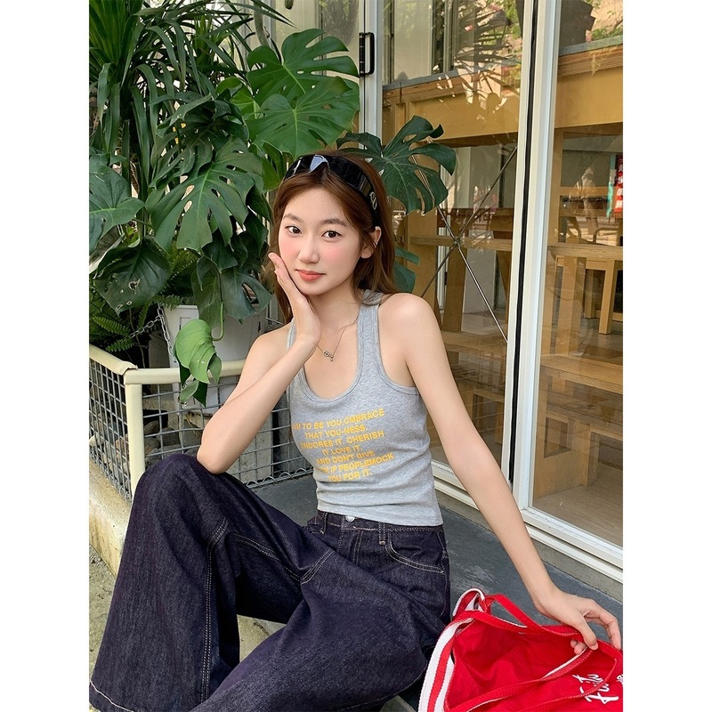 橘色多巴胺吊带背心女夏季字母印花带胸垫美背设计感打底无袖上衣|undefined