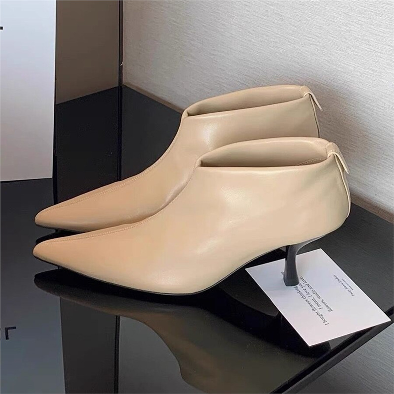 Cowhide Version ~ Grape Mom's Same Style French Pointed Toe Kitten Heel Elegant High Heel Slim Boots Women's Ankle Boots Autumn and Winter