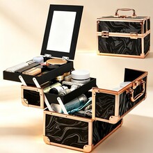新款轻奢高档玫瑰金铝合金化妆箱大容量多层化妆品收纳箱带镜子
