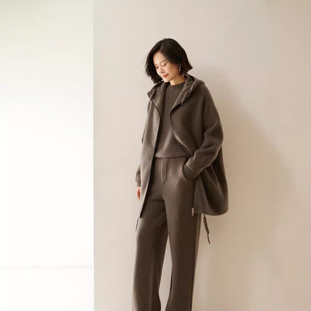 캐주얼 캐시미어 와이드 레그 바지 여성용 두꺼운 데프 스트레이트 슬림 높은 허리 바닥 길이 니트 캐시미어 긴 바지