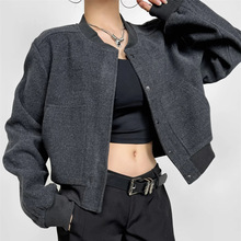 秋冬女装新款棒球服外套开衫 欧美学院风 宽松短款长袖呢子夹克