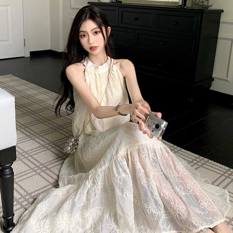 요정 화이트 레이스 오프 숄더 비치 롱 스커트 해변 휴가 서스펜더 스커트 프렌치 레트로 홀터넥 드레스 여름