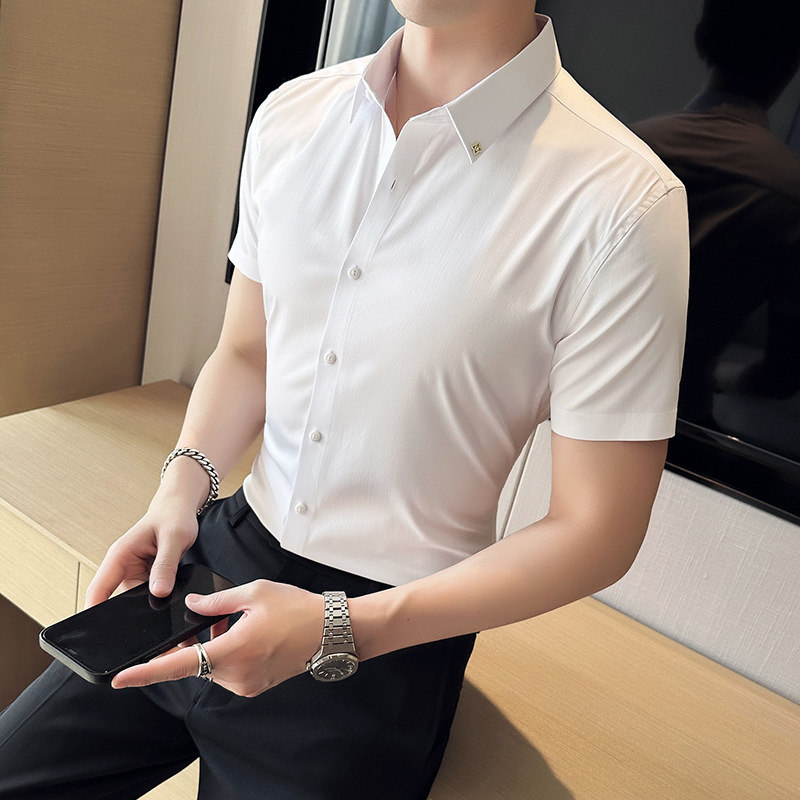 Summer New Men's Short-sleeved Shirt Light Luxury Quality Metal Nail Decoration Solid Color Slim-fit Light Mature Korean Style Shirt