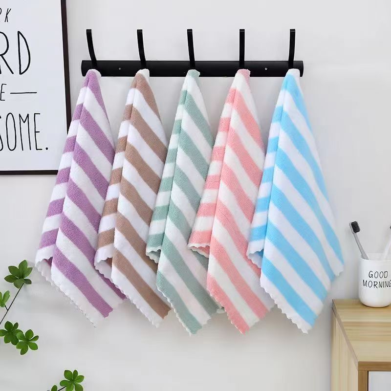 Ready Stock Supply of Long Striped Coral Fleece Towels, Face Towels, Cleaning Towels, Lint-Free Hand Towels, Cross-Border Delivery