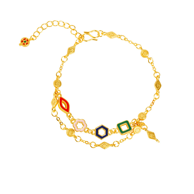 Pulsera de oro de arena antigua, diseño de nicho, cadena de doble capa, collar geométrico de color, joyería retro de larga duración