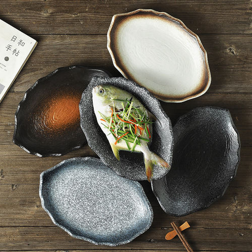 12-inch random egg-shaped steamed fish plate for home use, fish plate, steamed fish plate, new large Japanese style