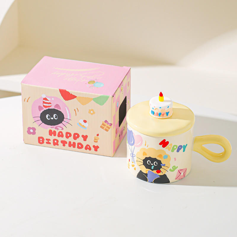 Caricatura encantadora gato cerámica taza de agua copas de alto valor caja de regalo regalo regalo de cumpleaños taza de desayuno
