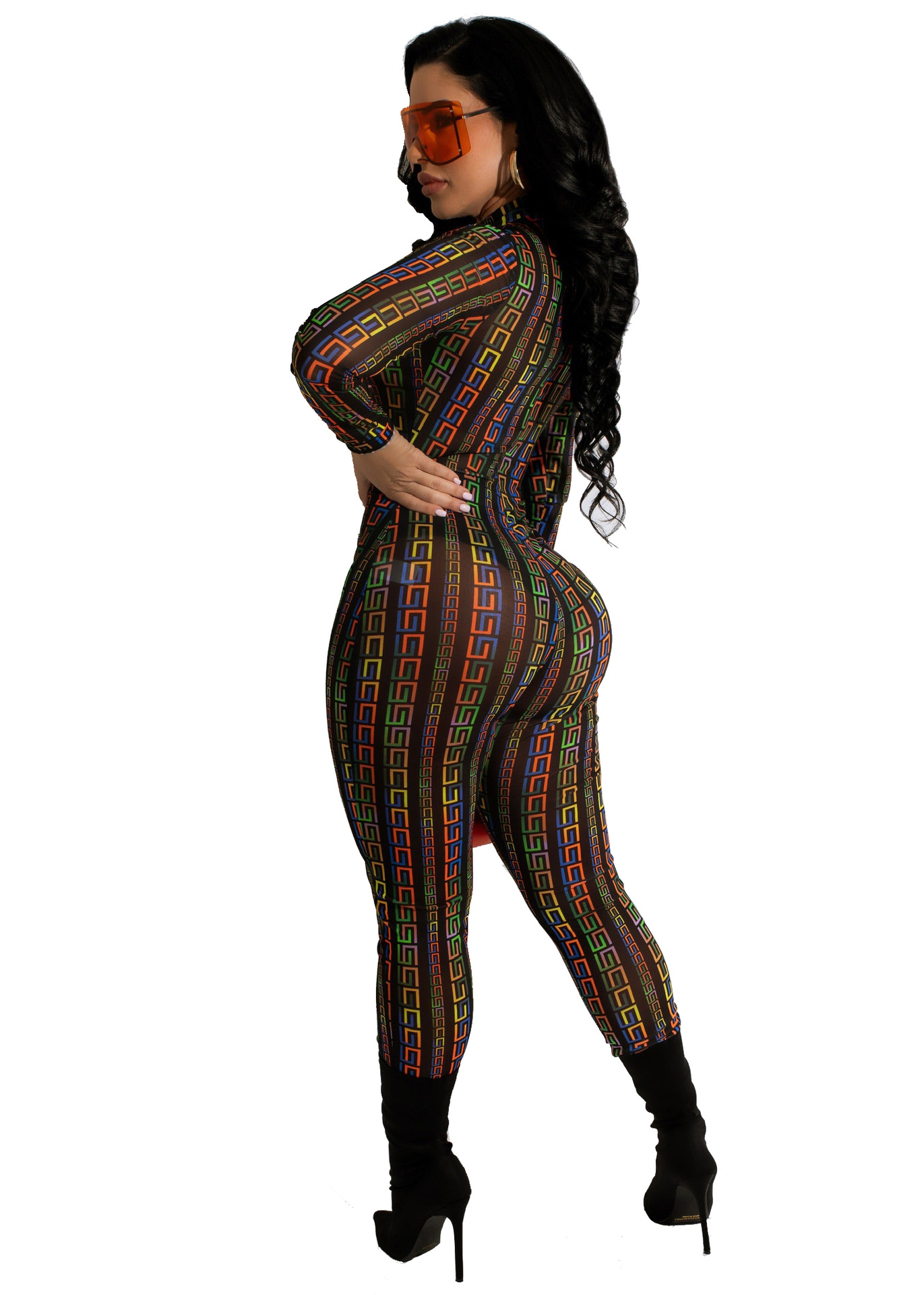 printed long-sleeved round neck tight mesh jumpsuit NSYMS129644